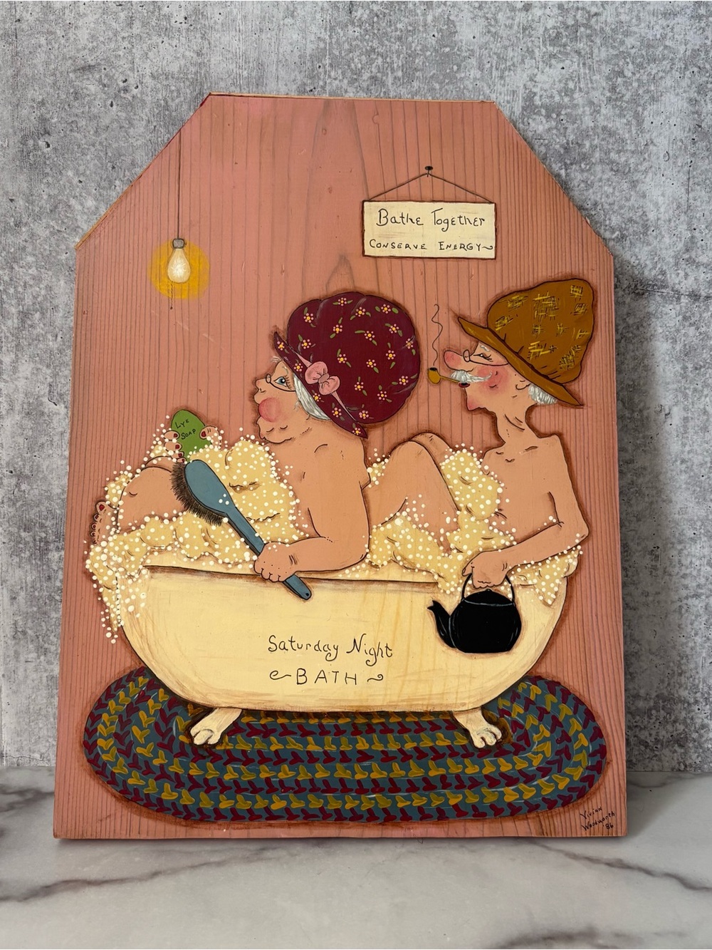 Vintage 1986 Hand Painted Folk Art Bath Wood Wall Plaque - Picture 2 of 9